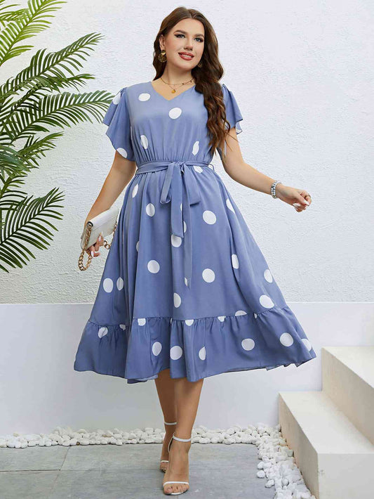 Polka Dot Belted Flutter Sleeve Ruffle Hem Dress - TRENDMELO