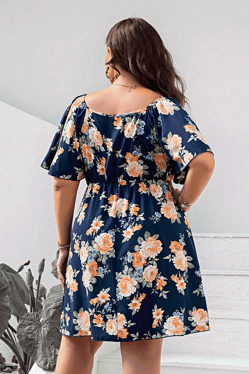 Plus Size Floral Print V-Neck Flutter Sleeve Mini Dress - TRENDMELO