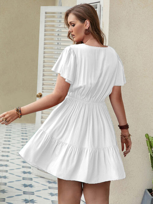 Double Take Plus Size Ruffle Hem V-Neck Short Sleeve Dress - TRENDMELO