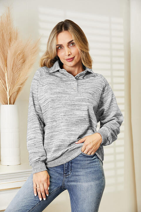 Ninexis Full Size Quarter-Button Collared Sweatshirt - TRENDMELO