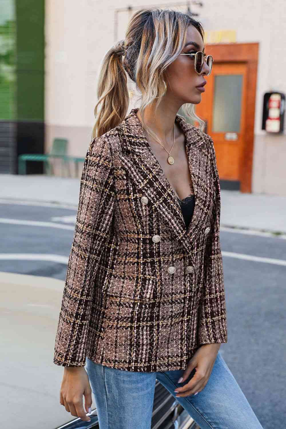 Full Size Plaid Buttoned Blazer - TRENDMELO