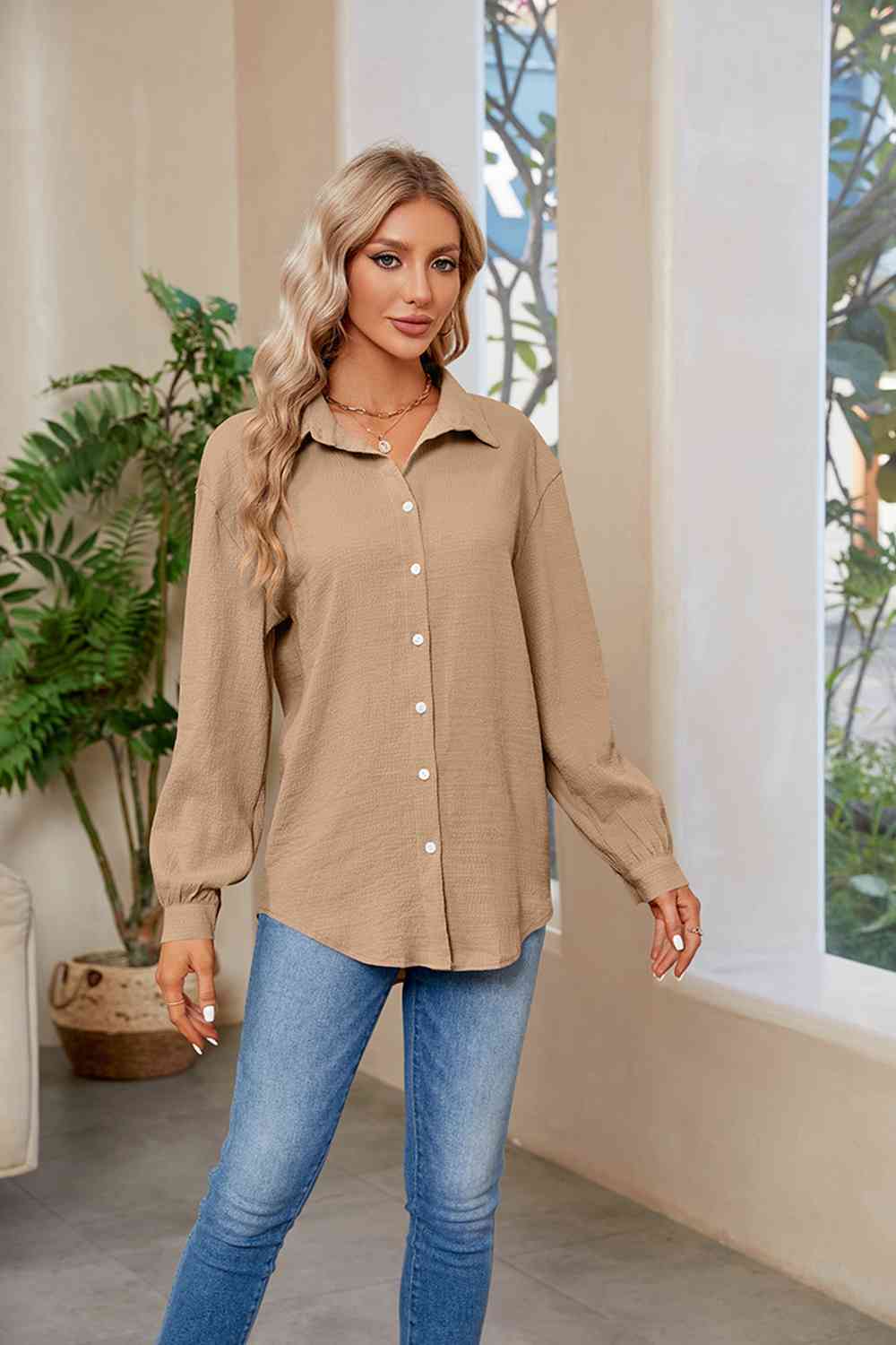 Collared Neck Buttoned Long Sleeve Shirt - TRENDMELO