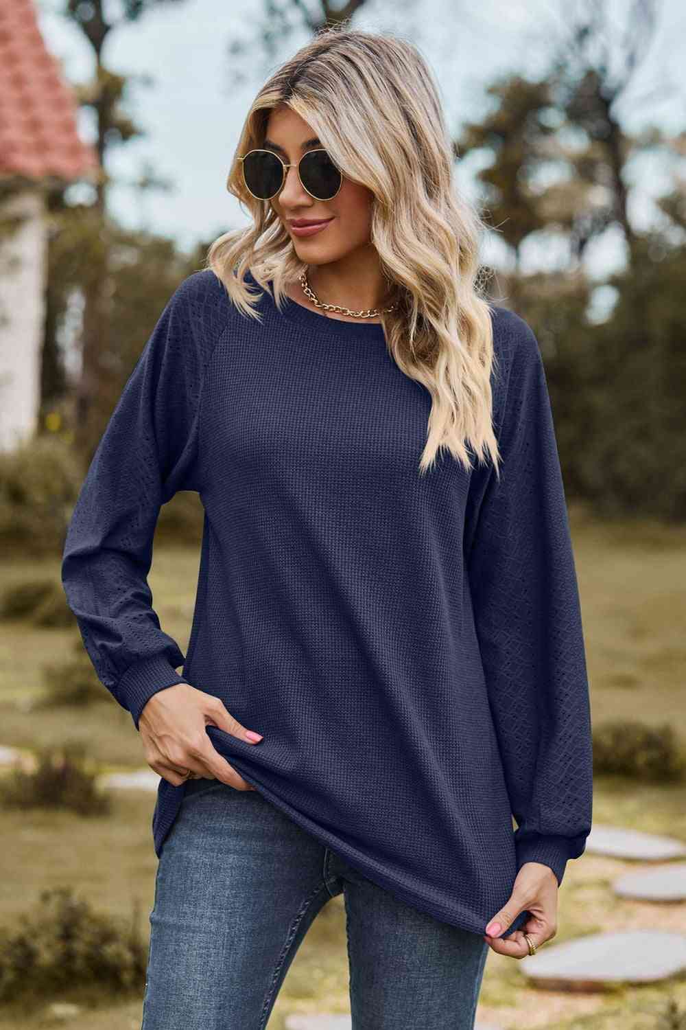 Round Neck Raglan Sleeve Sweatshirt - TRENDMELO