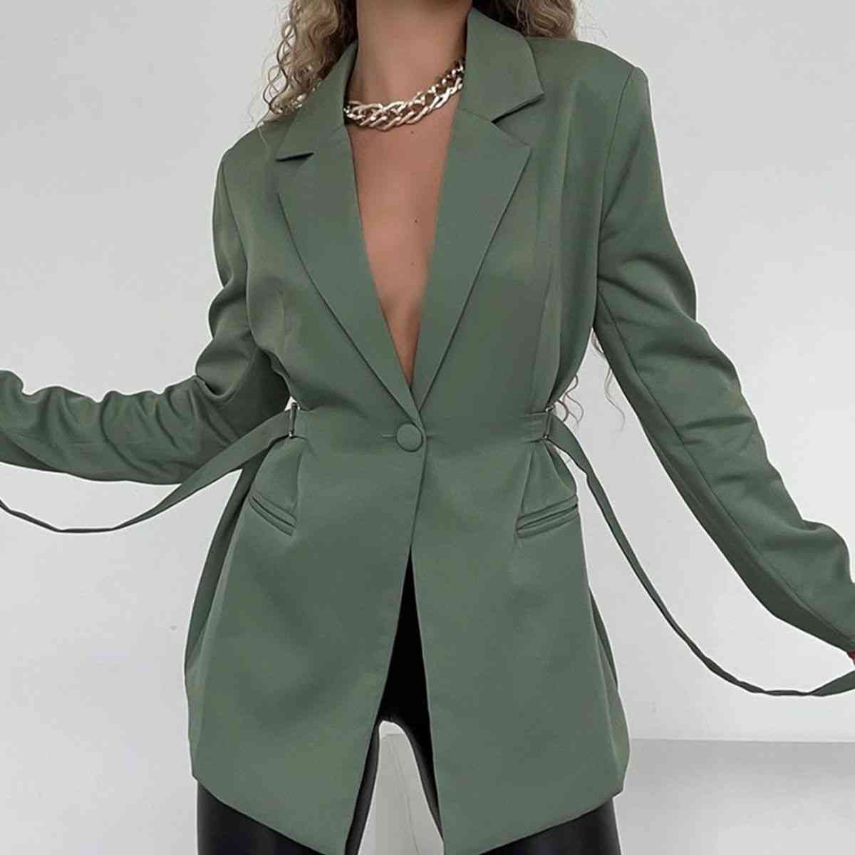 Lapel Collar Long Sleeve Blazer - TRENDMELO