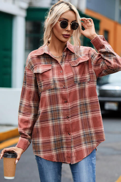 Plaid Collared Neck Long Sleeve Shirt - TRENDMELO