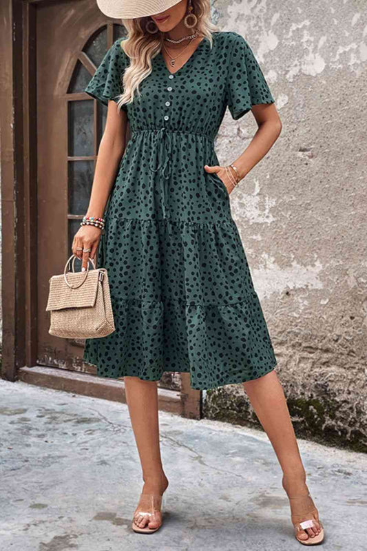 Printed Buttoned V-Neck Flutter Sleeve Dress - TRENDMELO