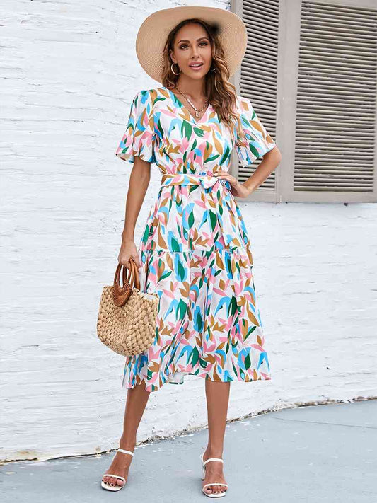 Printed Tie-Waist V-Neck Flutter Sleeve Dress - TRENDMELO