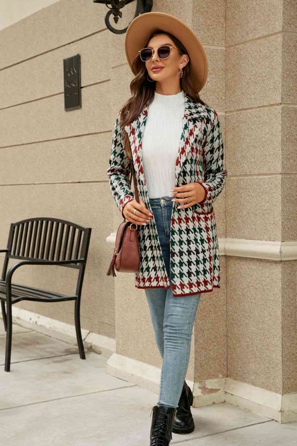 Double Take Printed Open Front Lapel Collar Cardigan with Pockets - TRENDMELO