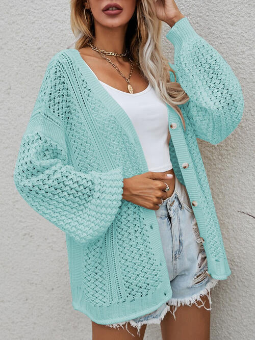 Openwork Button Front Cardigan - TRENDMELO