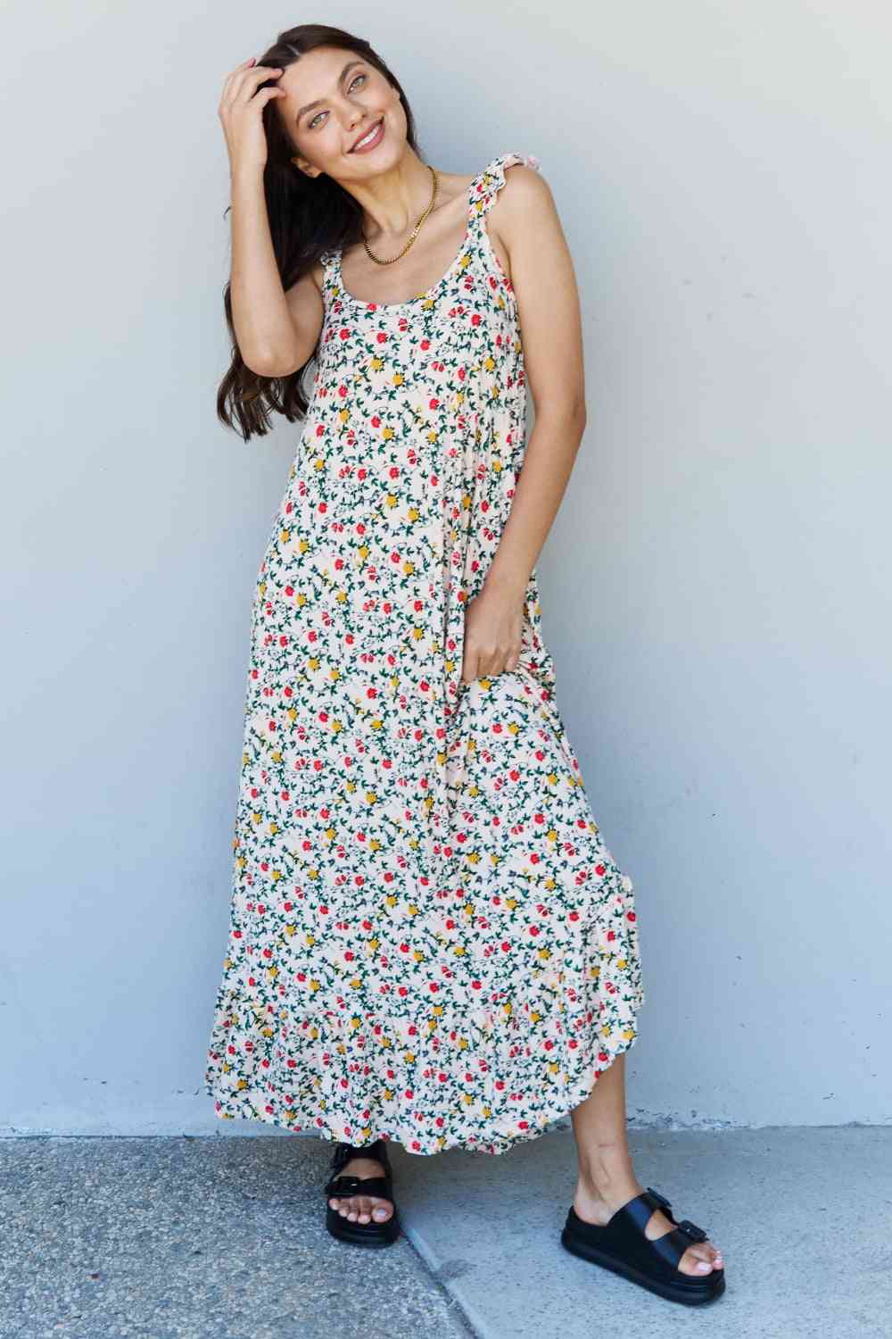 Doublju In The Garden Ruffle Floral Maxi Dress in Natural Rose - TRENDMELO