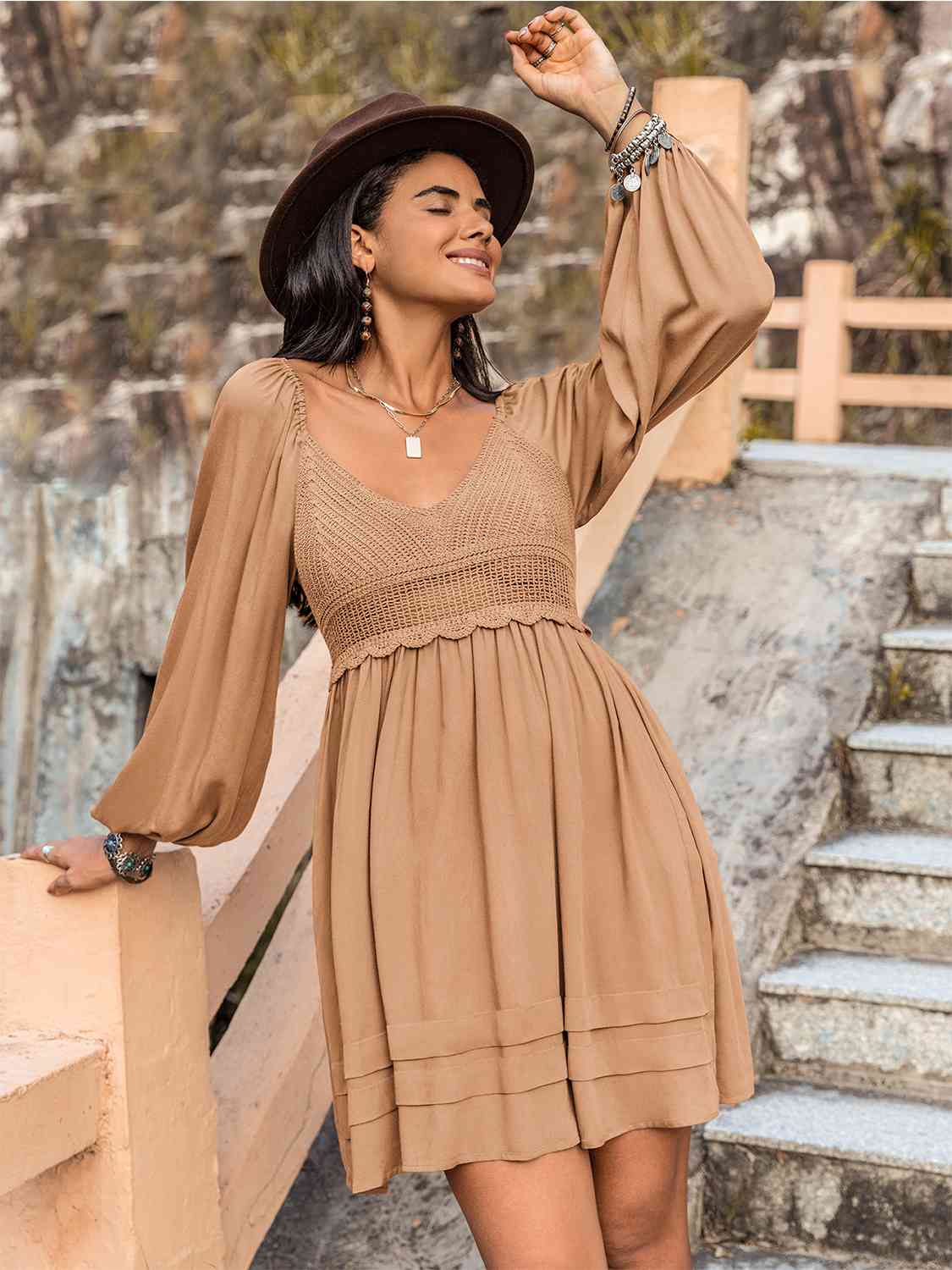 Crochet V-Neck Balloon Sleeve Dress - TRENDMELO