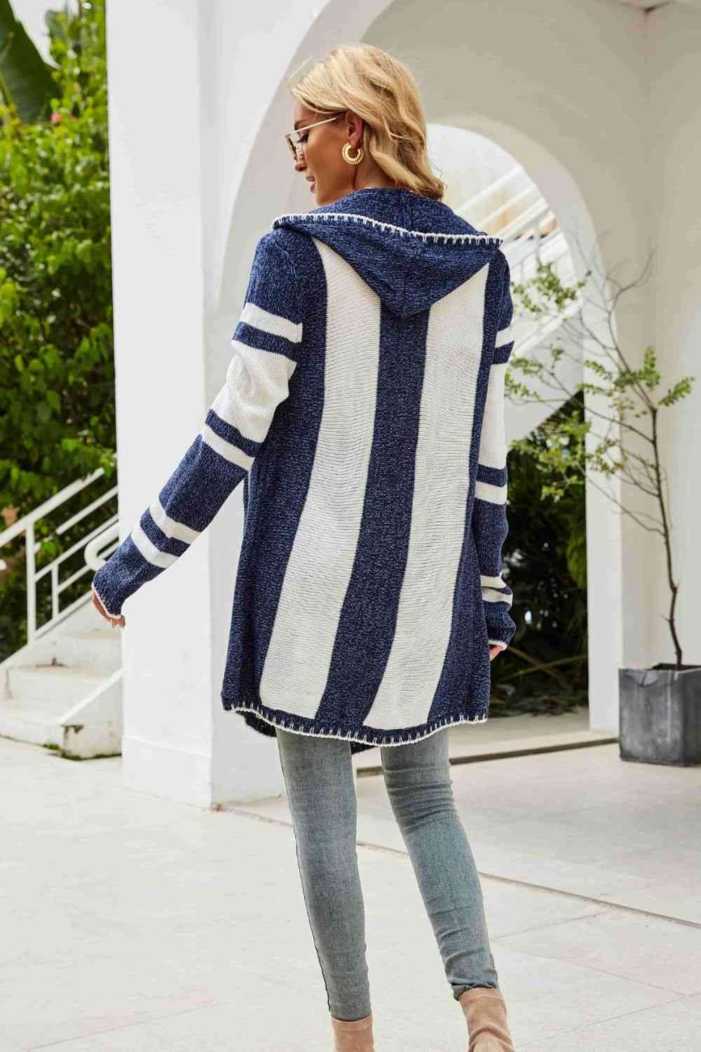 Woven Right Striped Open Front Hooded Cardigan - TRENDMELO