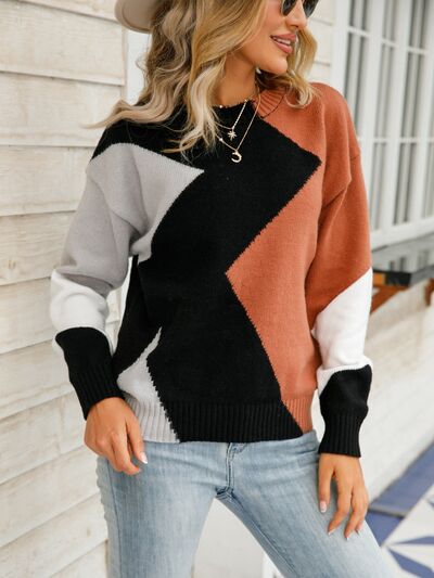 Color Block Round Neck Dropped Shoulder Sweater - TRENDMELO