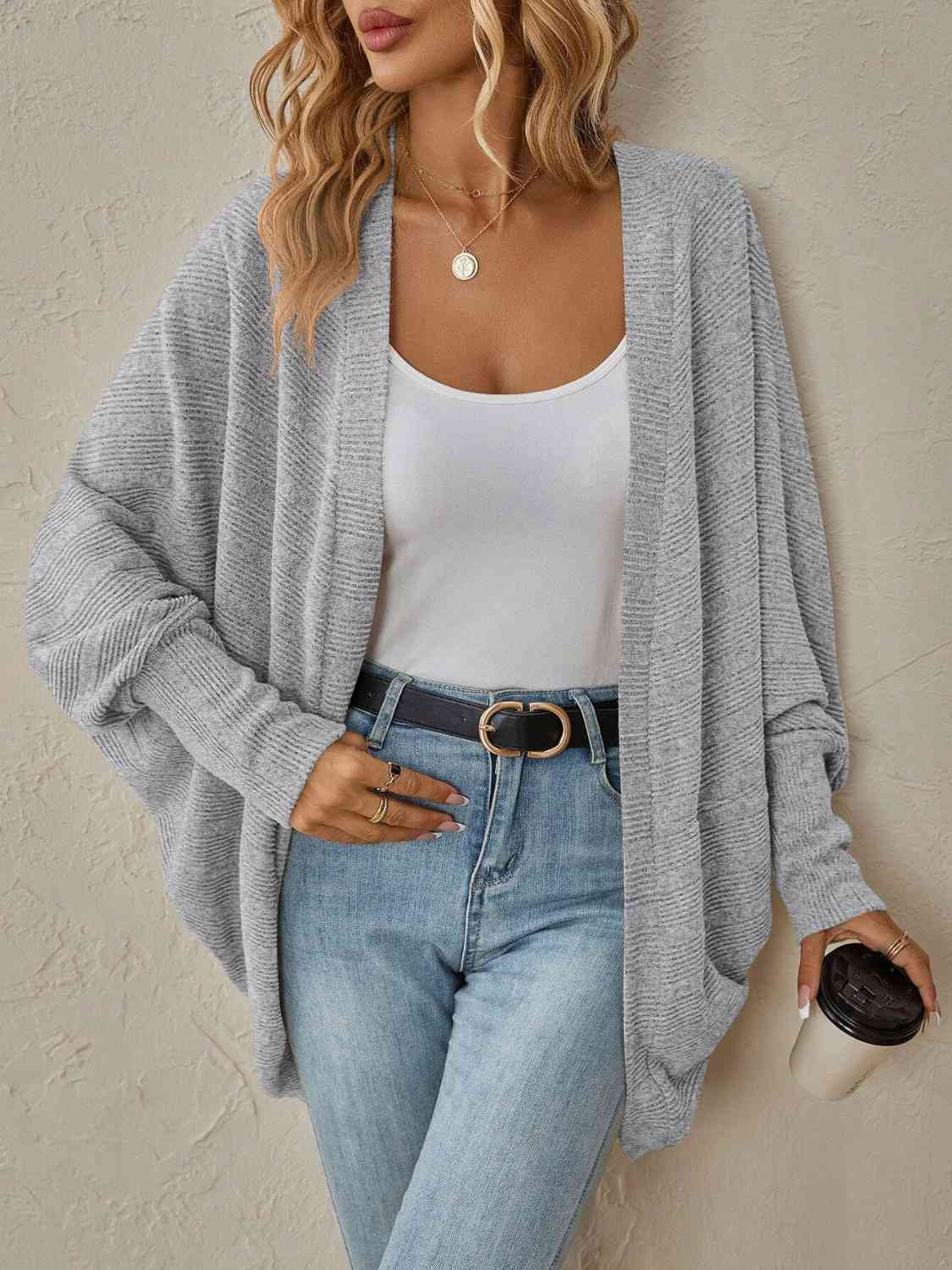 Open Front Dropped Shoulder Cardigan - TRENDMELO