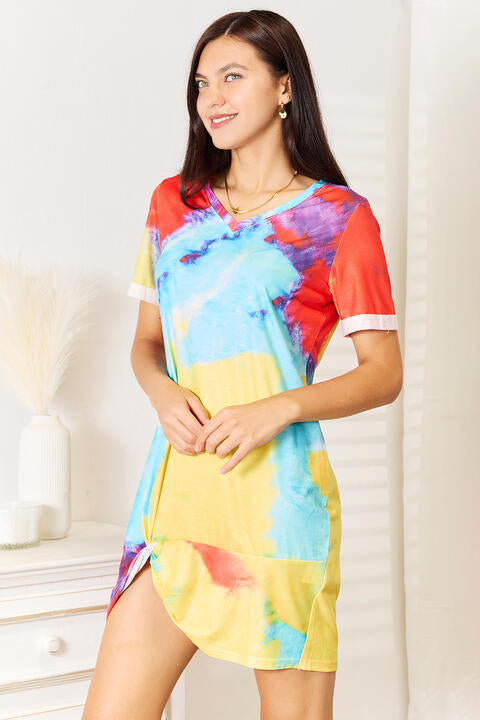 Double Take Tie-Dye V-Neck Twisted Dress - TRENDMELO