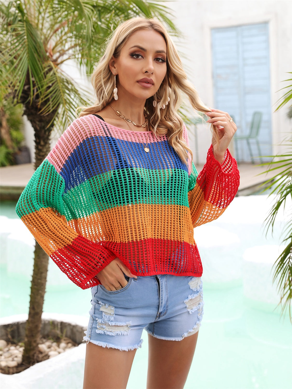 Color Block Openwork Boat Neck Cover Up - TRENDMELO