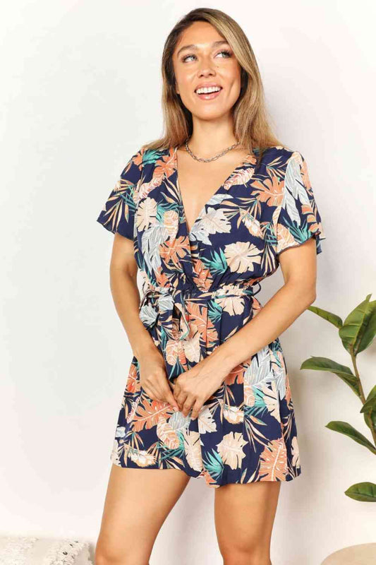 Double Take Botanical Print Surplice Neck Tie Waist Romper - TRENDMELO