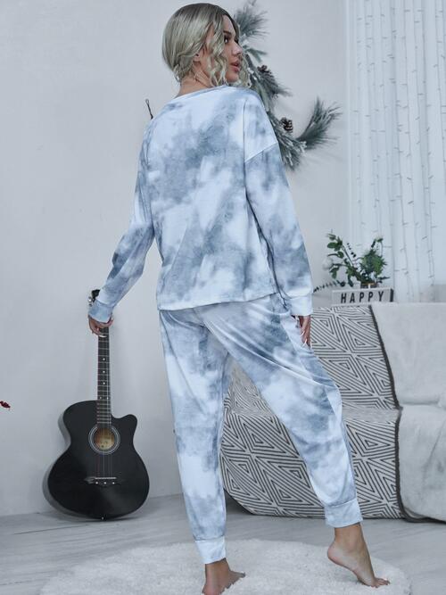 Tie-dye Round Neck Top and Drawstring Pants Lounge Set - TRENDMELO