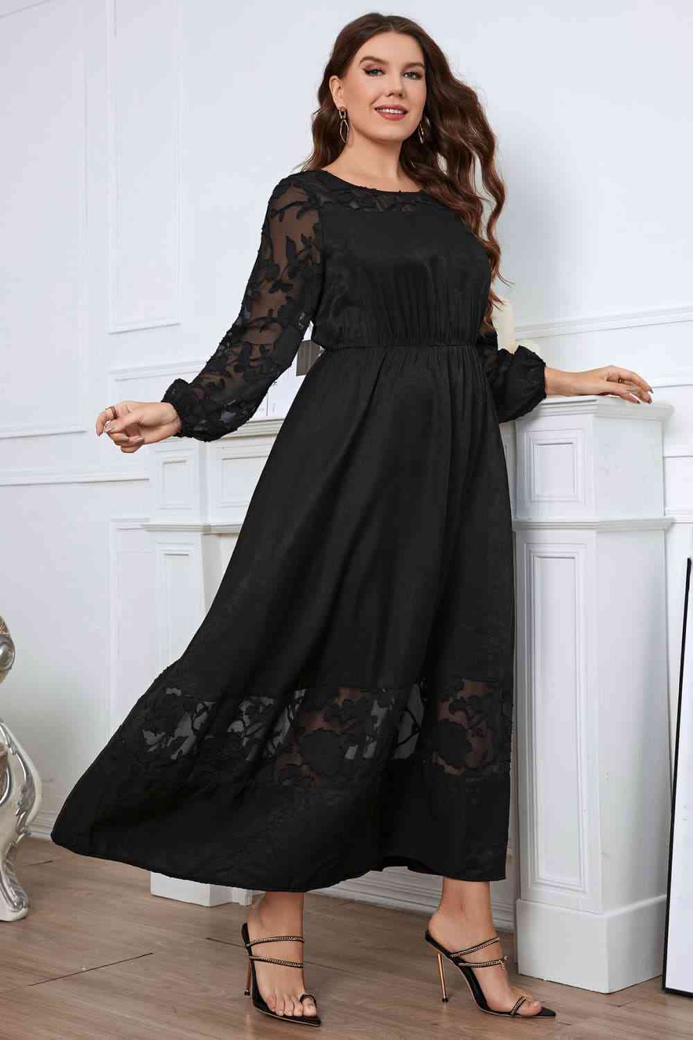 Melo Apparel Plus Size Embroidery Round Neck Long Sleeve Maxi Dress - TRENDMELO