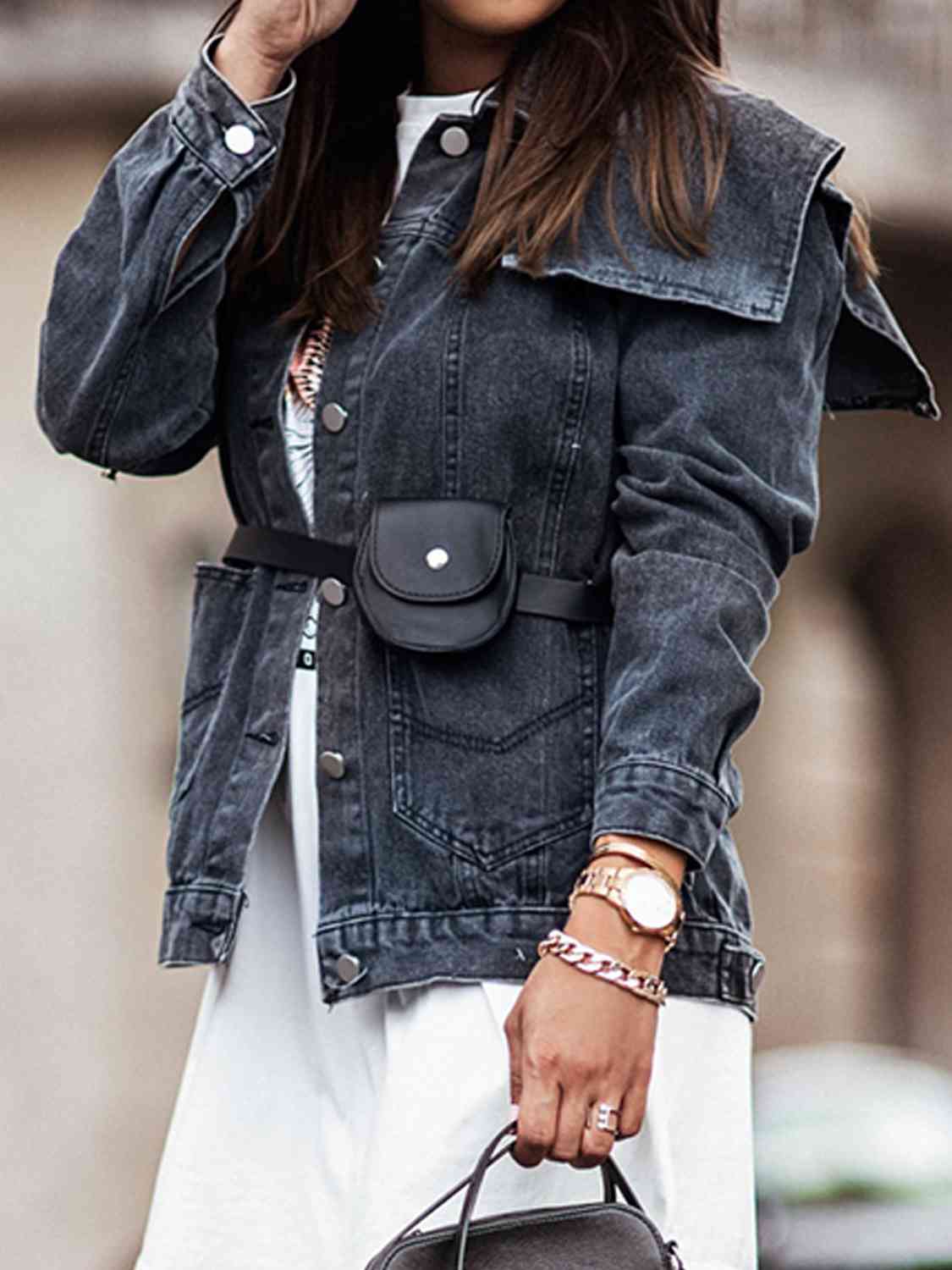 Collared Neck Button Down Denim Jacket - TRENDMELO