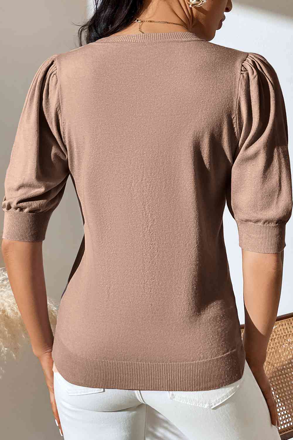 Round Neck Puff Sleeve Knit Top - TRENDMELO