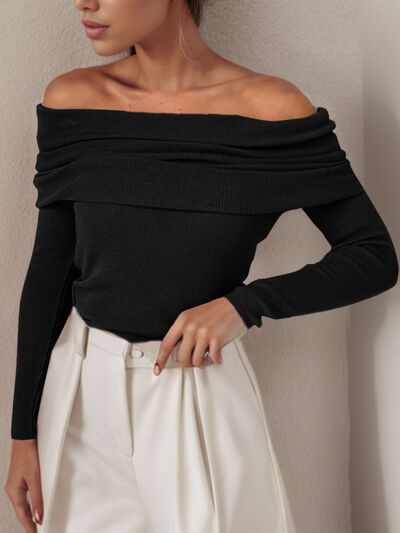 Off-Shoulder Long Sleeve Sweater - TRENDMELO