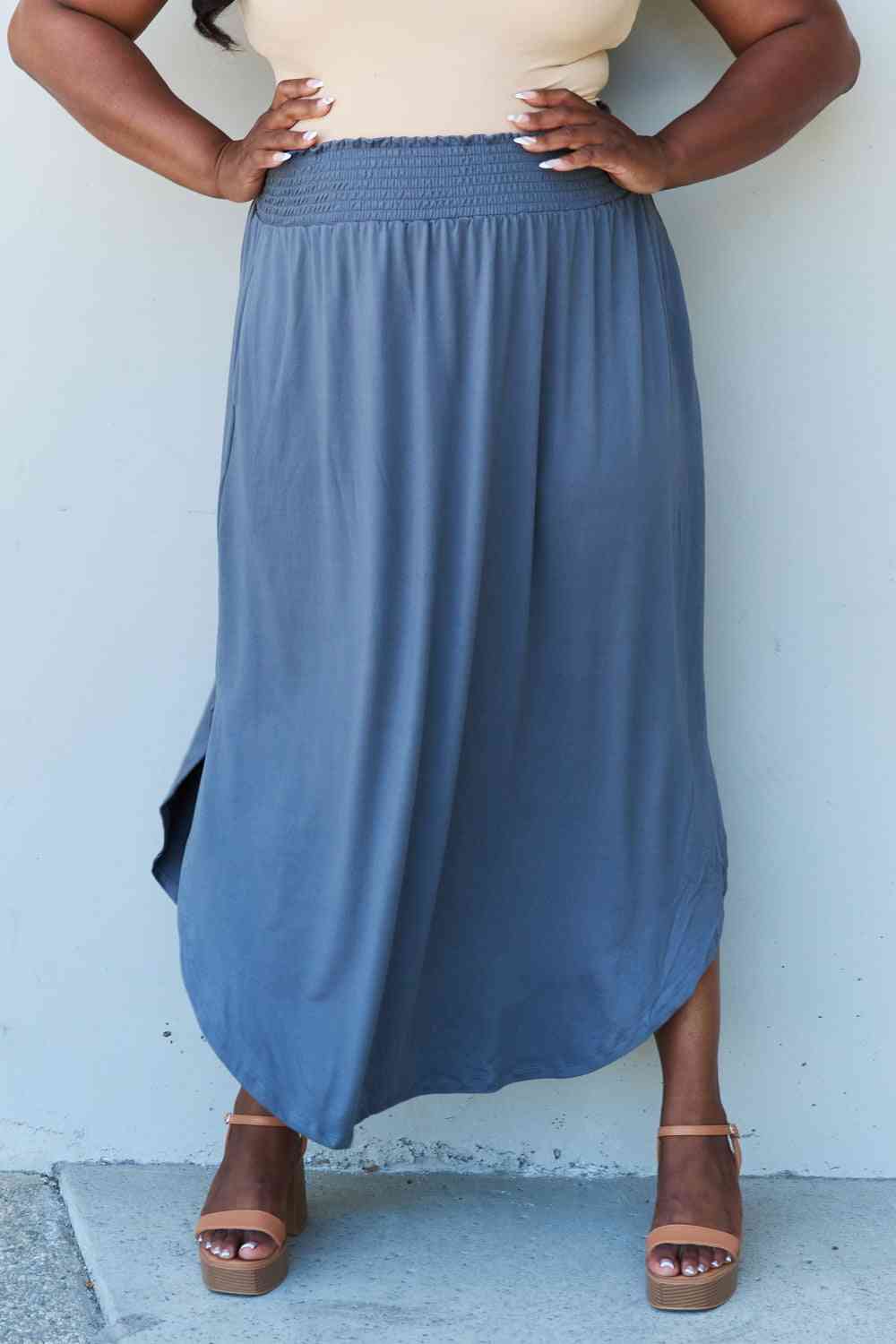 Doublju Comfort Princess Full Size High Waist Scoop Hem Maxi Skirt in Dusty Blue - TRENDMELO