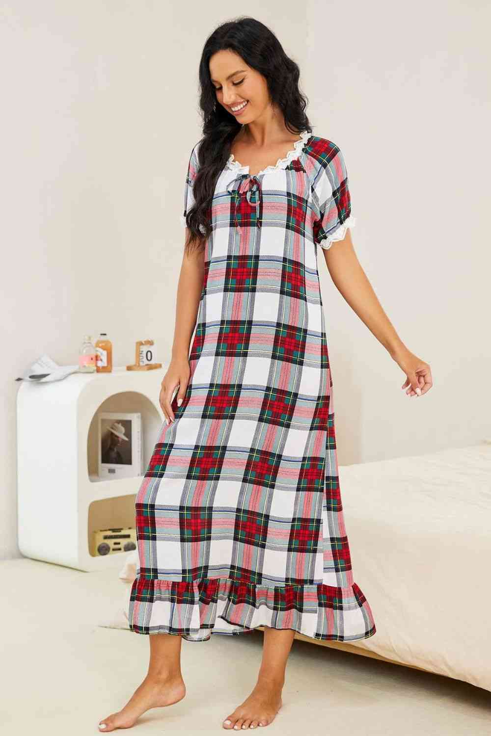 Plaid Lace Trim Ruffle Hem Night Dress - TRENDMELO