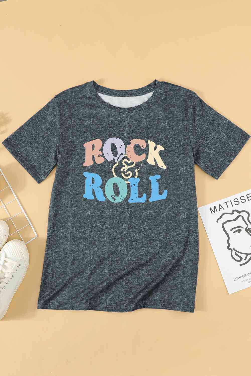 ROCK & ROLL Graphic Round Neck Short Sleeve Tee - TRENDMELO