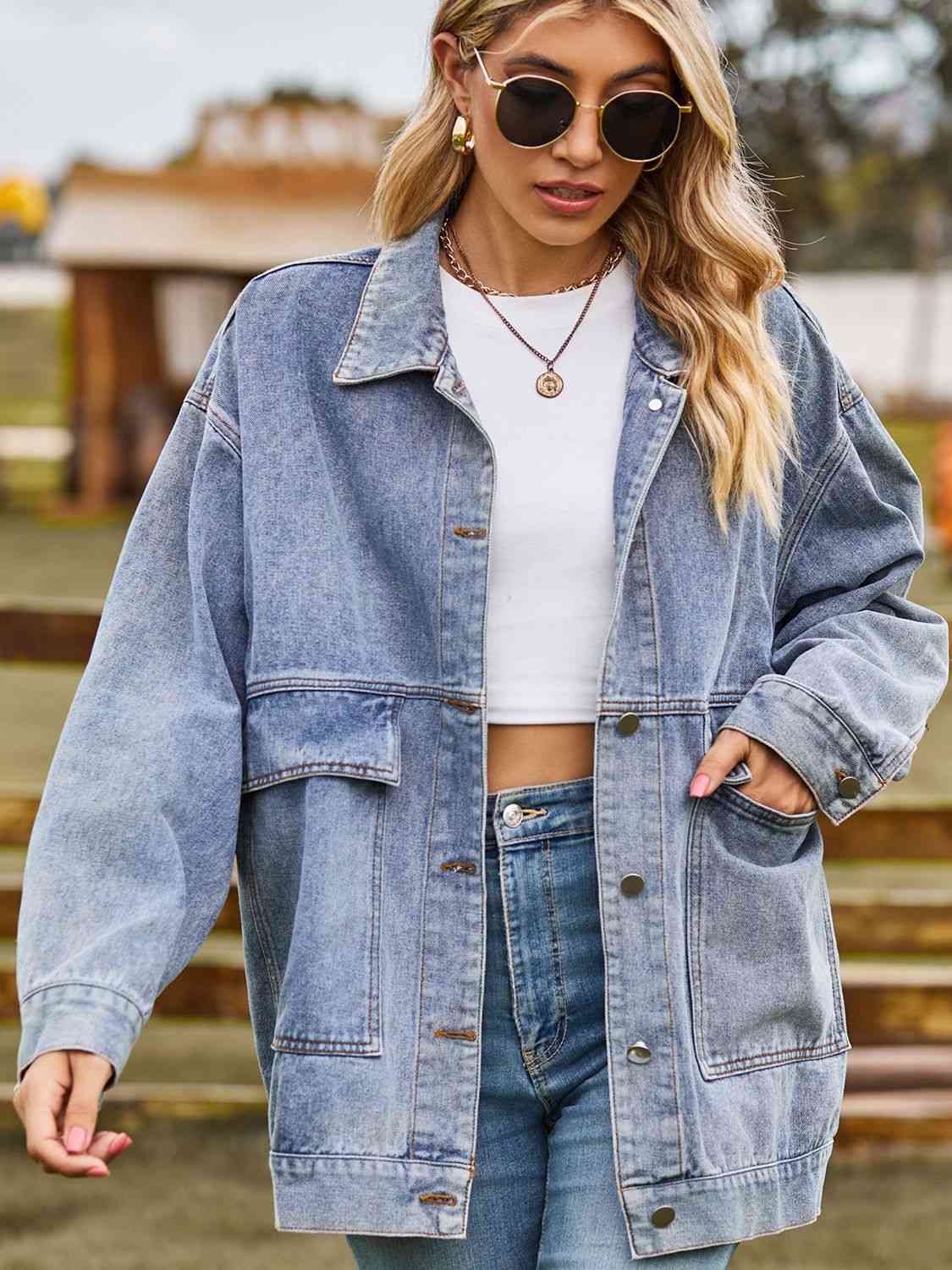 Dropped Shoulder Denim Jacket with Pockets - TRENDMELO