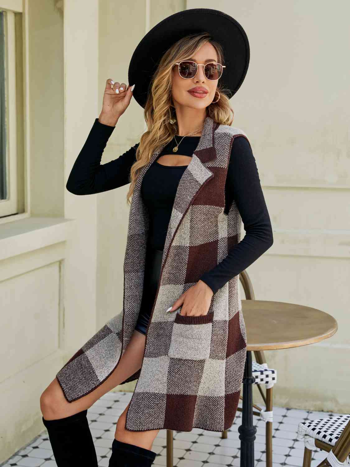 Plaid Lapel Collar Sleeveless Cardigan - TRENDMELO