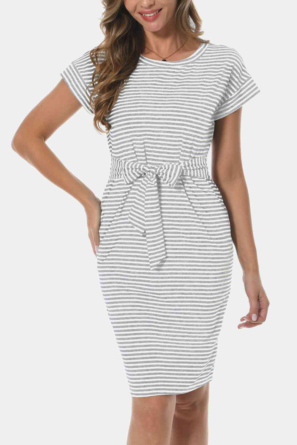 Tie Front Round Neck Short Sleeve Dress - TRENDMELO