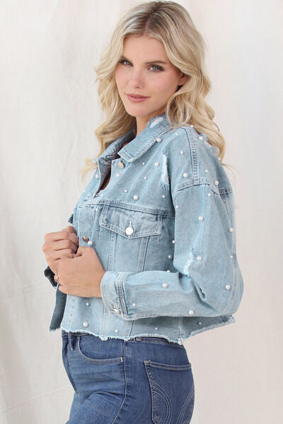 Distressed Pearl Trim Button Up Denim Jacket - TRENDMELO