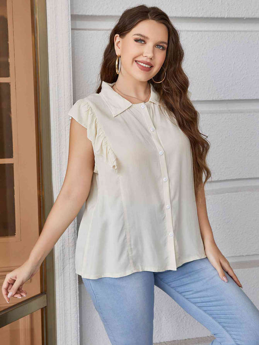 Plus Size Ruffled Cap Sleeve Shirt - TRENDMELO