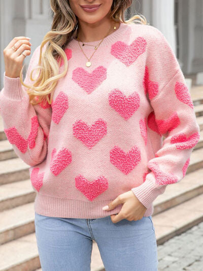 Heart Round Neck Dropped Shoulder Sweater - TRENDMELO