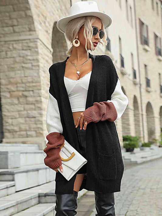 Double Take Tricolor Dropped Shoulder Cardigan with Pockets - TRENDMELO