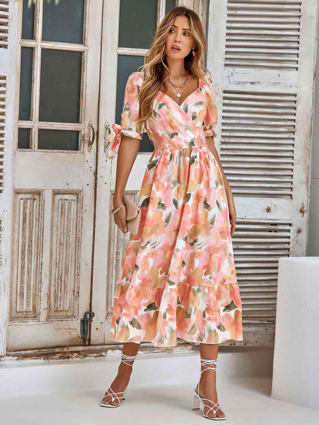 Floral Tie Cuff Surplice Neck Dress - TRENDMELO