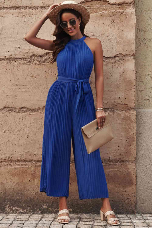 Accordion Pleated Belted Grecian Neck Sleeveless Jumpsuit - TRENDMELO