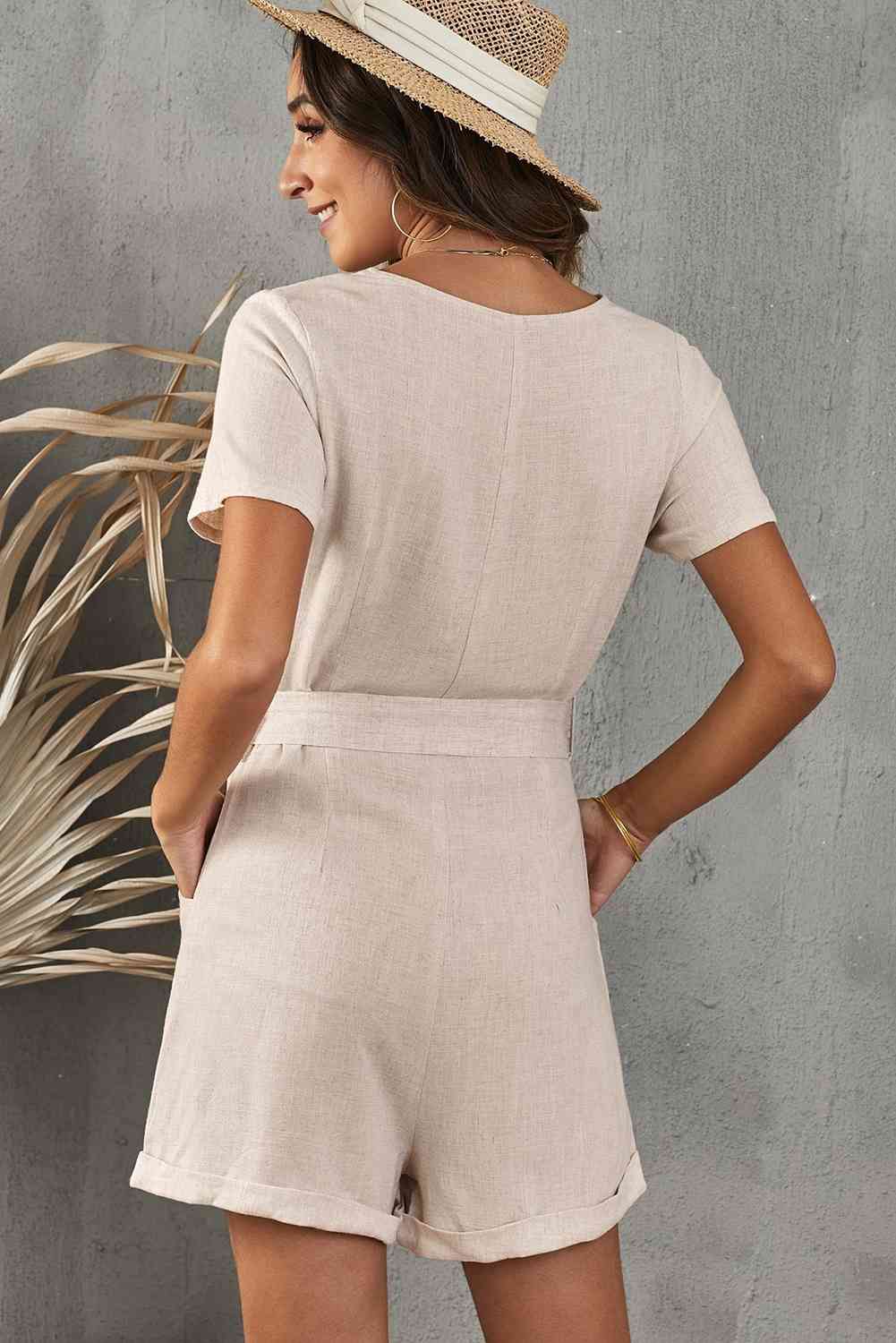 V-Neck Short Sleeve Tie Belt Romper with Pockets - TRENDMELO