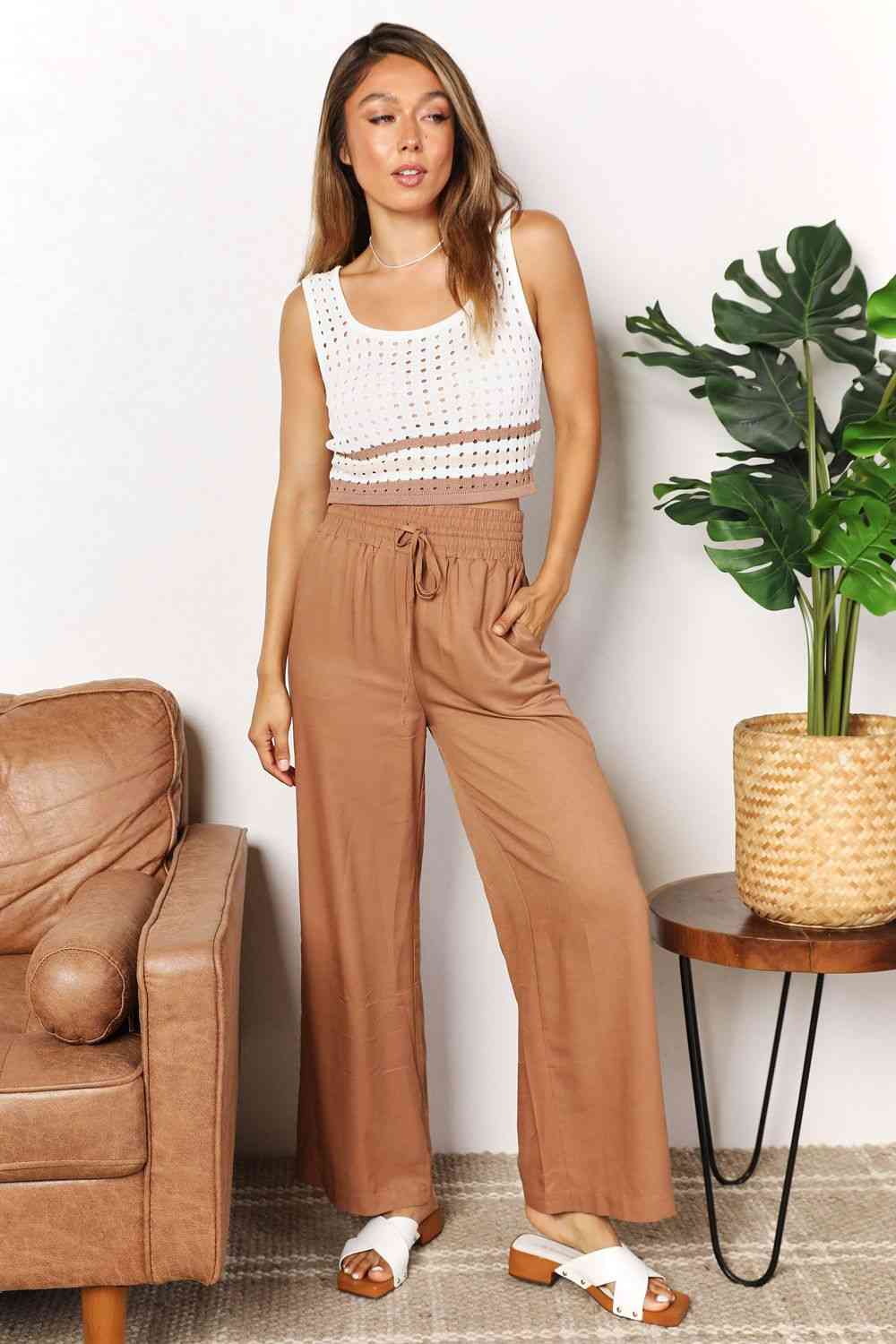 Double Take Drawstring Smocked Waist Wide Leg Pants - TRENDMELO