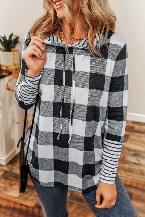 Plaid Drawstring Long Sleeve Hoodie - TRENDMELO