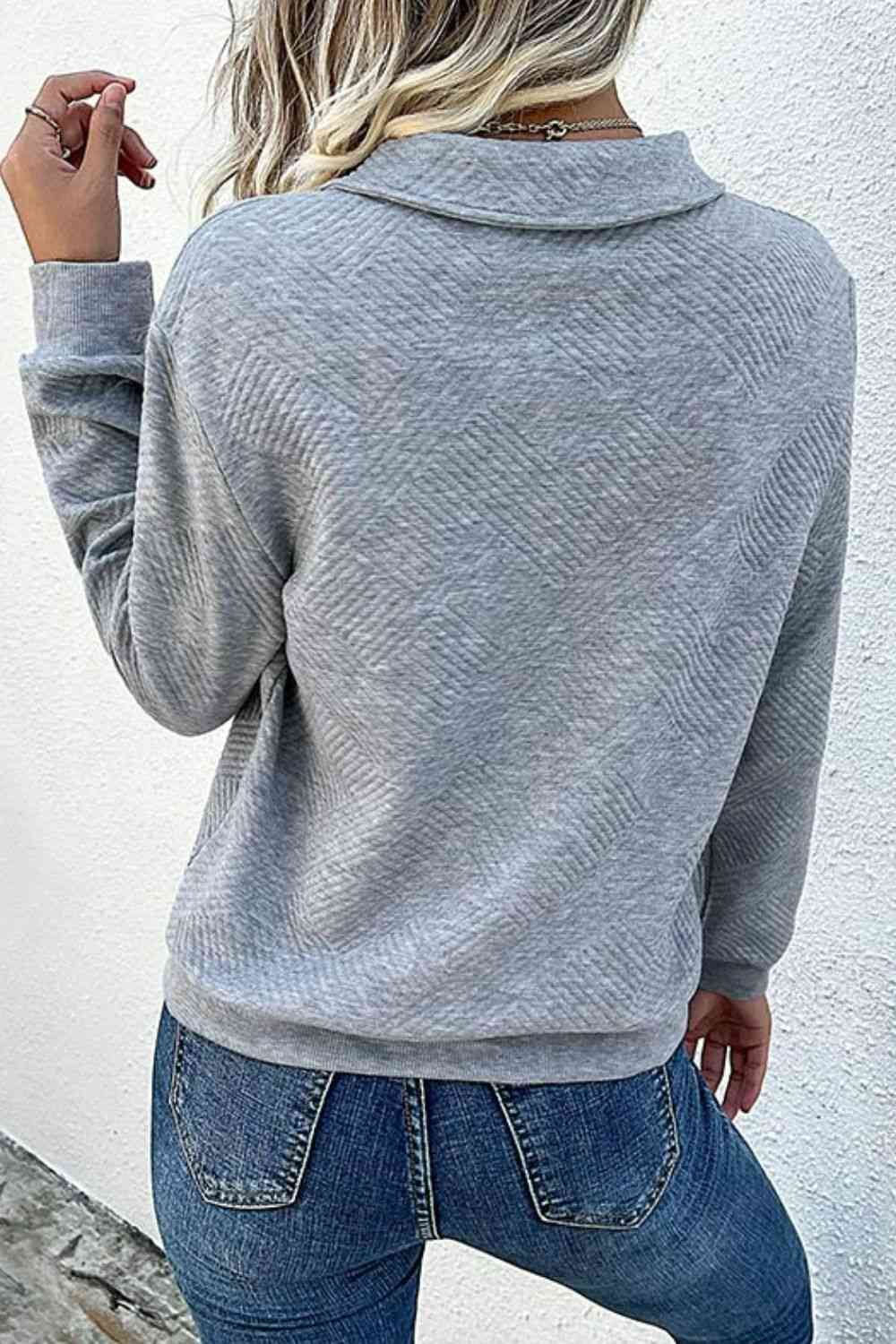 Contrast Ribbed Quarter-Snap Sweatshirt - TRENDMELO