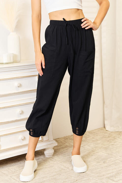 Double Take Decorative Button Cropped Pants - TRENDMELO