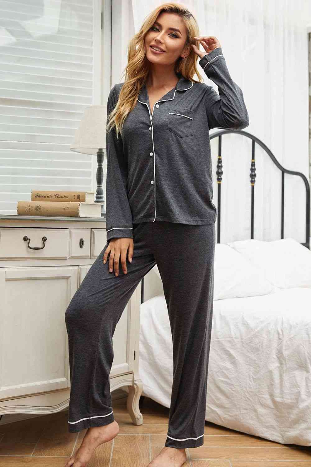 Contrast Piping Button Down Top and Pants Loungewear Set - TRENDMELO