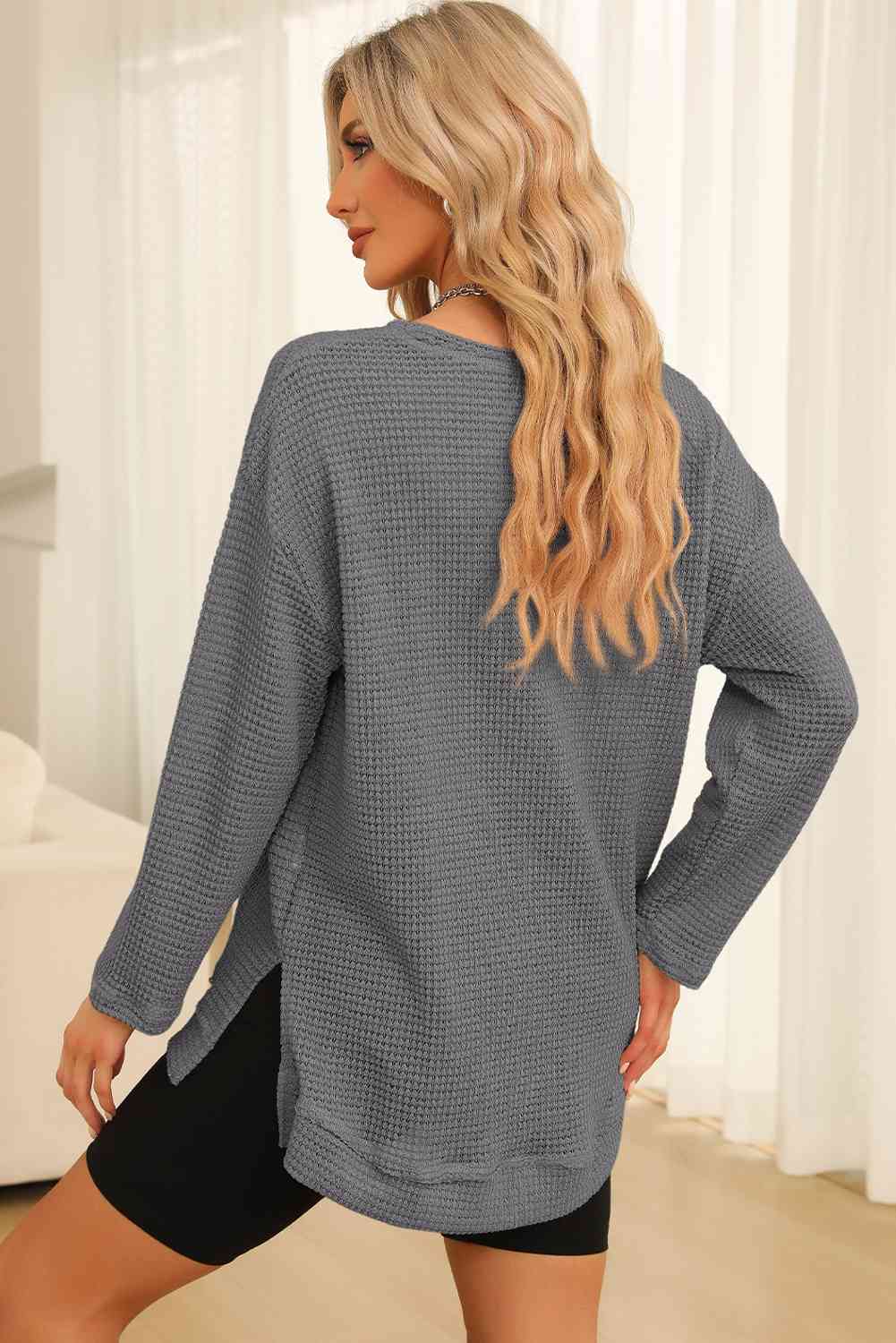 Waffle-Knit Round Neck Long Sleeve Sweatshirt - TRENDMELO