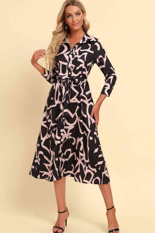 Printed Button Front Belted Midi Dress - TRENDMELO
