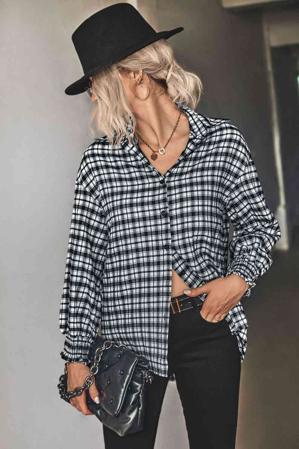 Plaid Button Front Dropped Shoulder Shirt - TRENDMELO