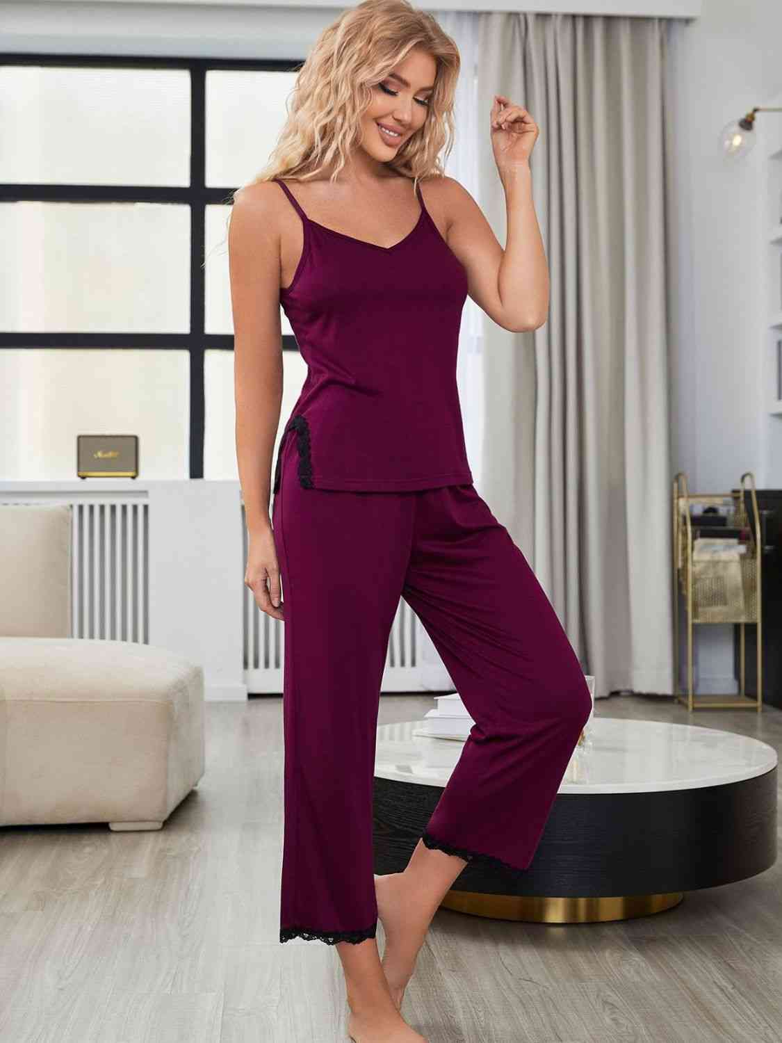 V-Neck Lace Trim Slit Cami and Pants Pajama Set - TRENDMELO