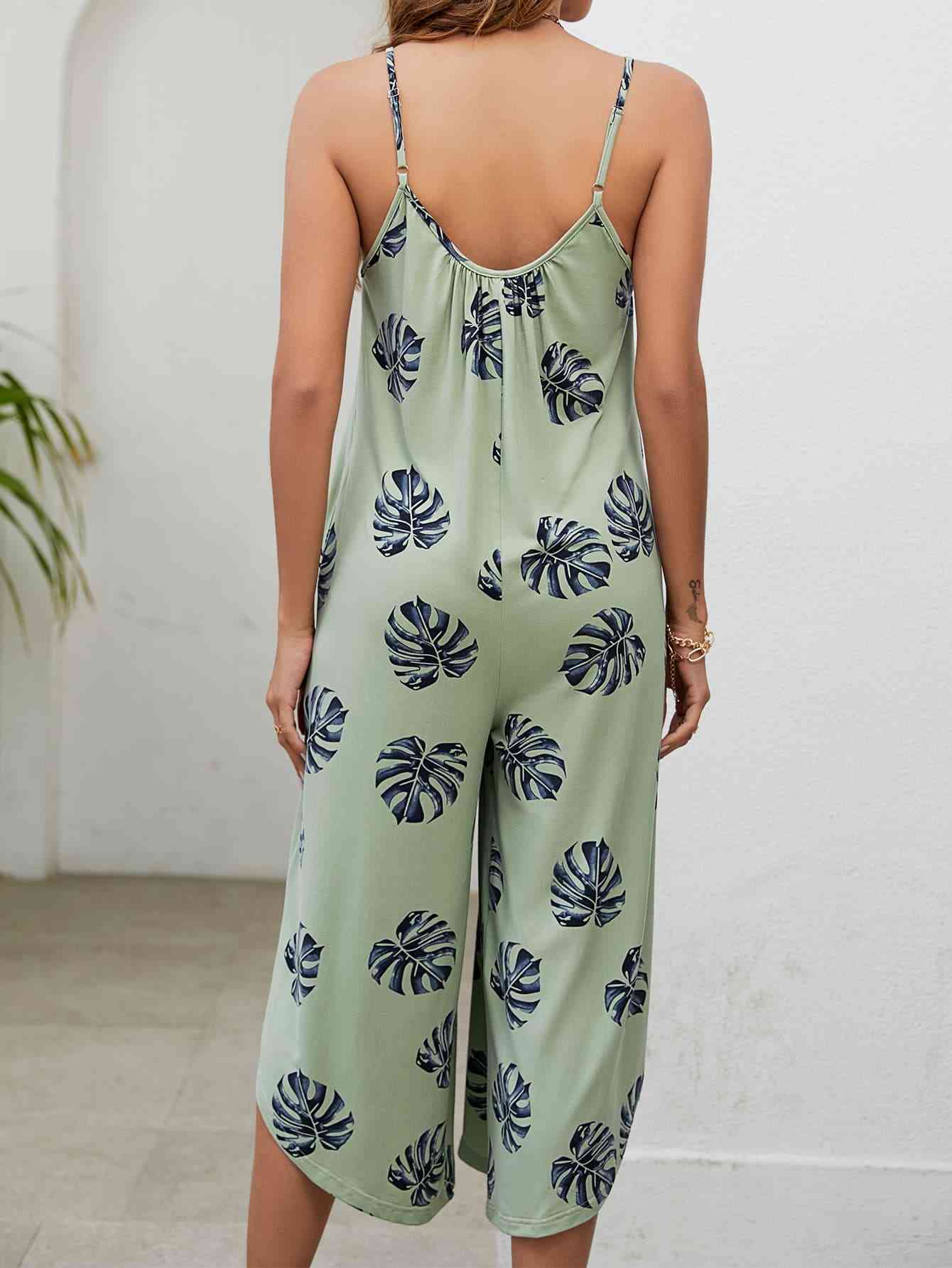 Botanical Print Spaghetti Strap Scoop Neck Jumpsuit - TRENDMELO