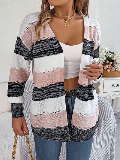 Openwork Striped Open Front Cardigan - TRENDMELO